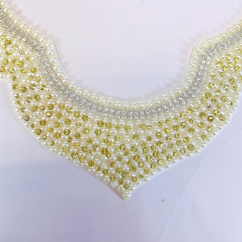 Lami 22 X 25 cm Designer Pearl and Beaded Neckline Patches, shown on white cotton