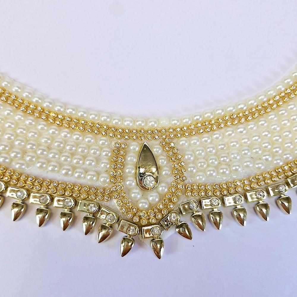 Lami 30 X 25 cm Designer Pearl and Beaded Neckline Patches, shown on white cotton