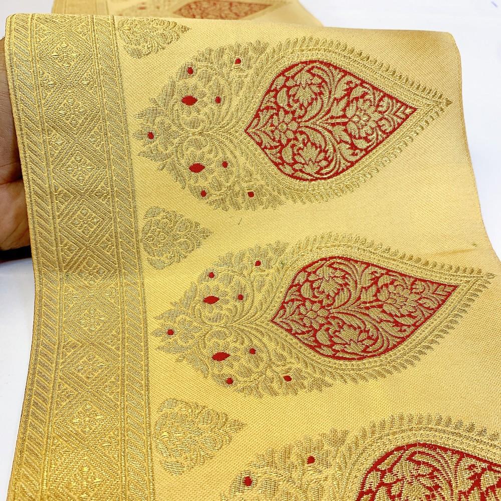 205 mm Designer Banarasi Jacquard Lace, shown on white cotton