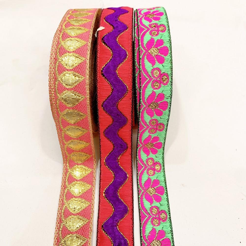 Assorted Vintage Jacquard Ribbons (PACK OF 3), shown on white cotton