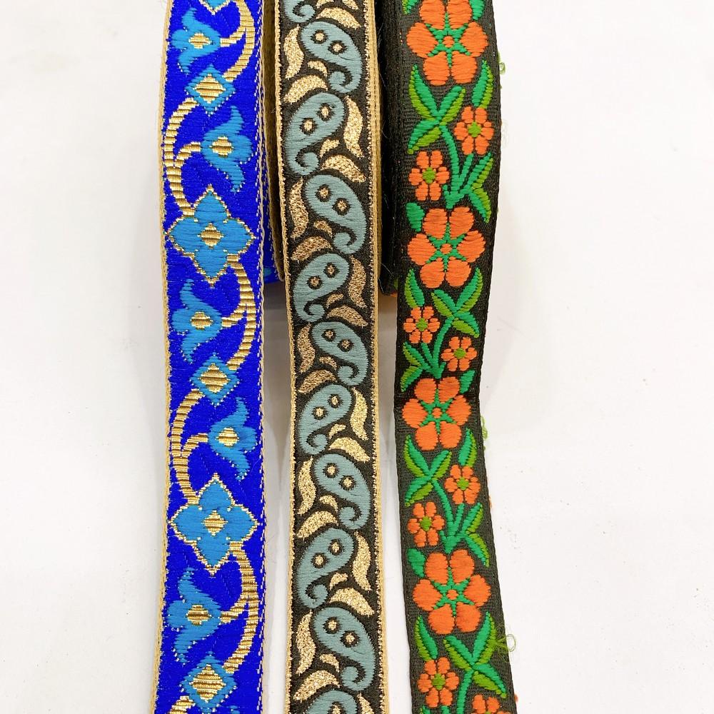Assorted Vintage Jacquard Ribbons (PACK OF 3), shown on white cotton