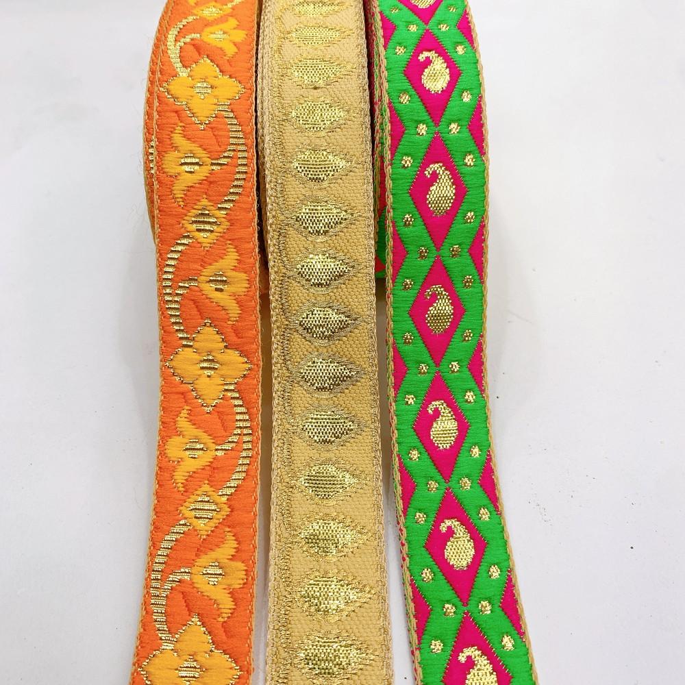 Assorted Vintage Jacquard Ribbons (PACK OF 3), shown on white cotton