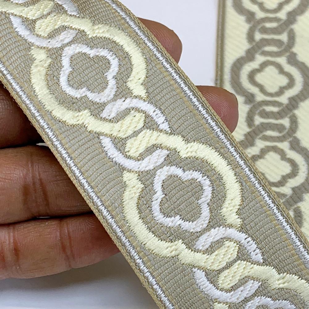 40mm Elegant Tapestry Tape with Geometric Chain Pattern, shown on white cotton