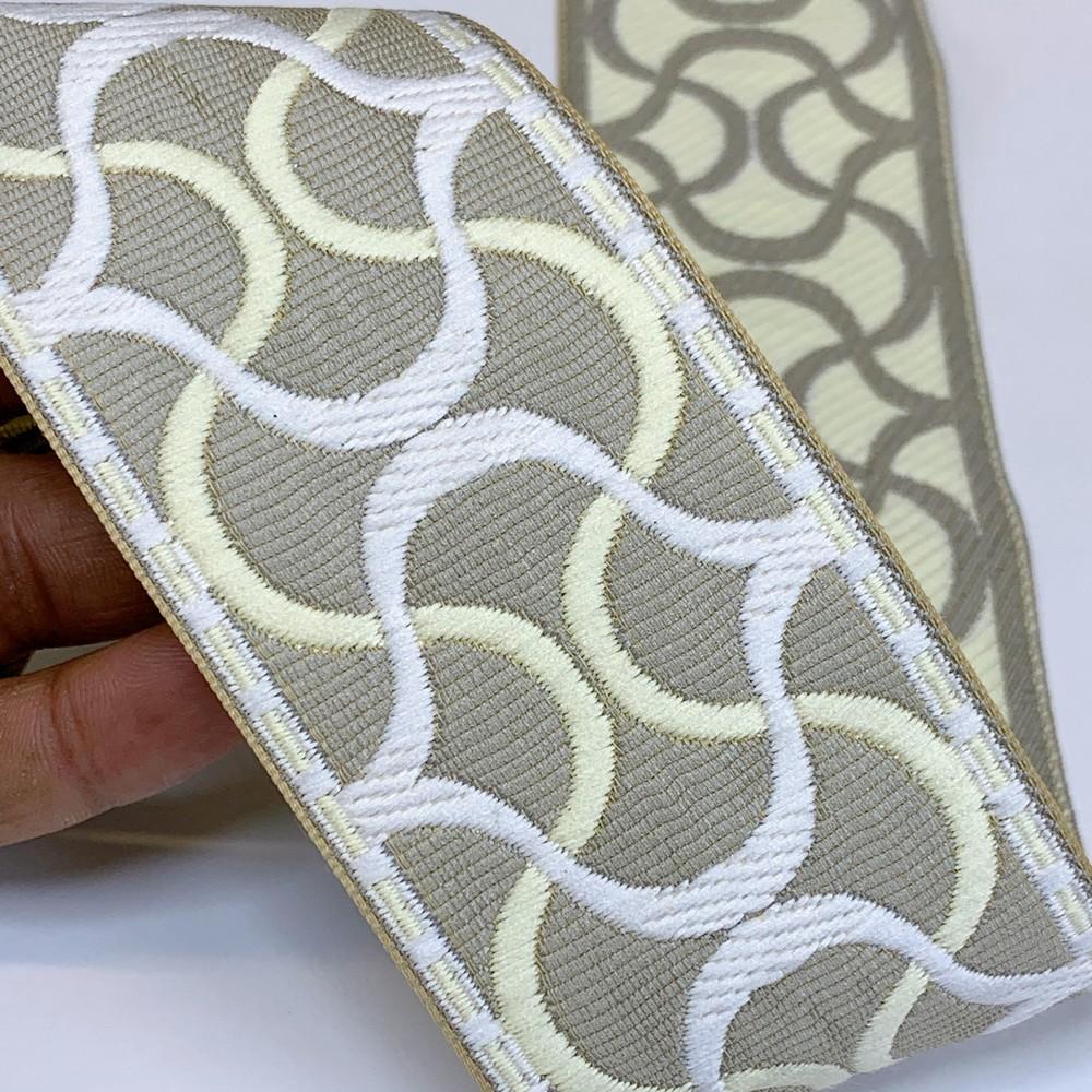55mm Decorative Tapestry Tape with Interlocking Wave Design, shown on white cotton