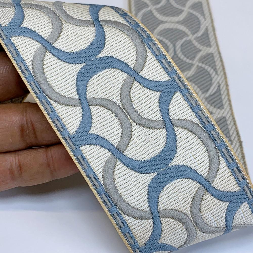 55mm Decorative Tapestry Tape with Interlocking Wave Design, shown on white cotton