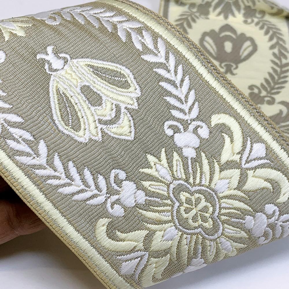 90mm Luxurious Floral & Bee Tapestry Tape, shown on white cotton