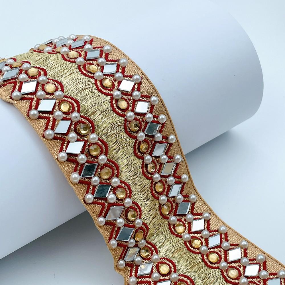 55mm Designer Mirror & Pearl Embroidered Jacquard Lace, shown on white cotton