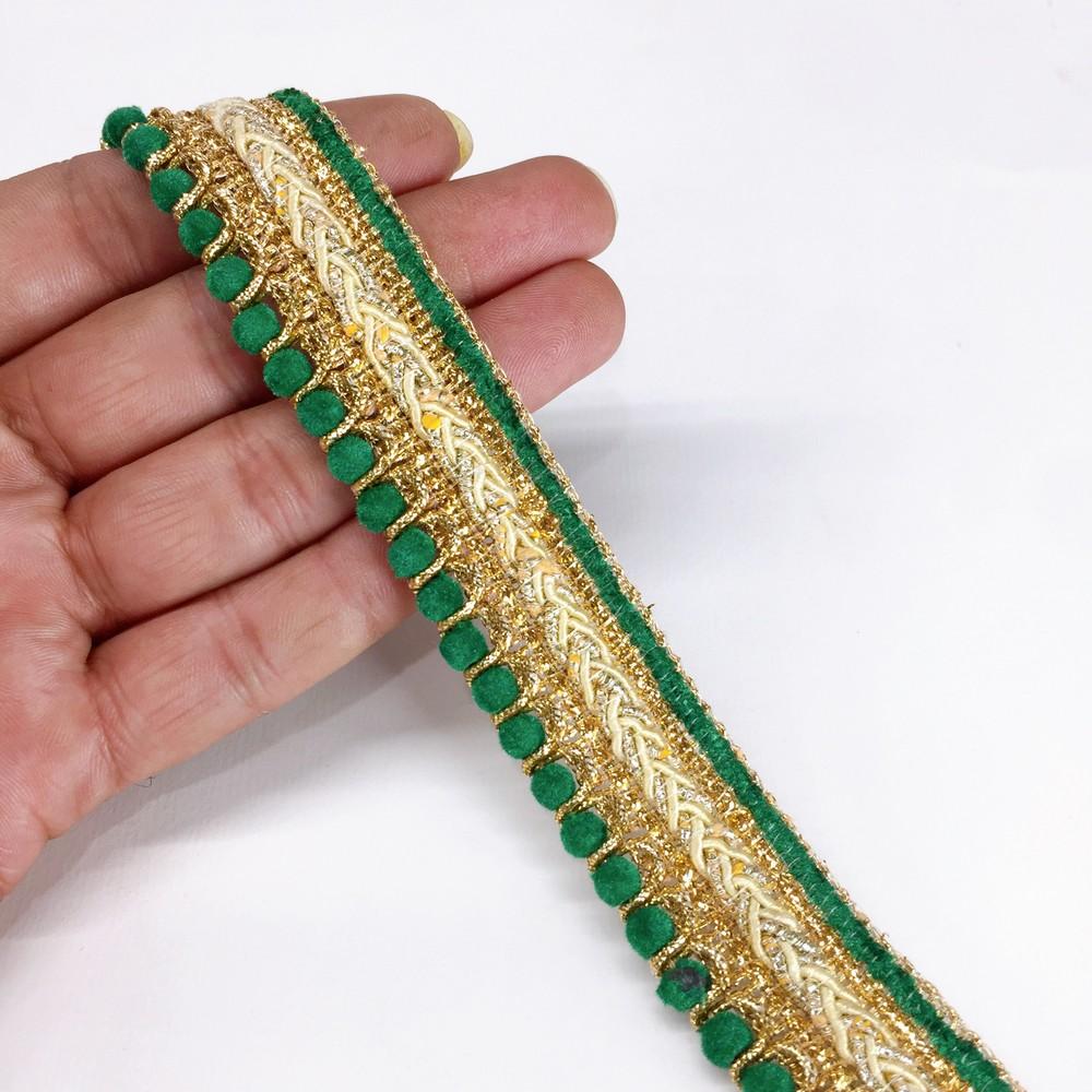 25mm Traditional Multicolor Beaded Pom Pom Crochet Trim, shown on white cotton