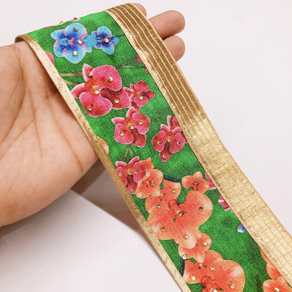 75mm Floral Printed Jacquard Ribbon with Stone Work & Golden Border, shown on white cotton