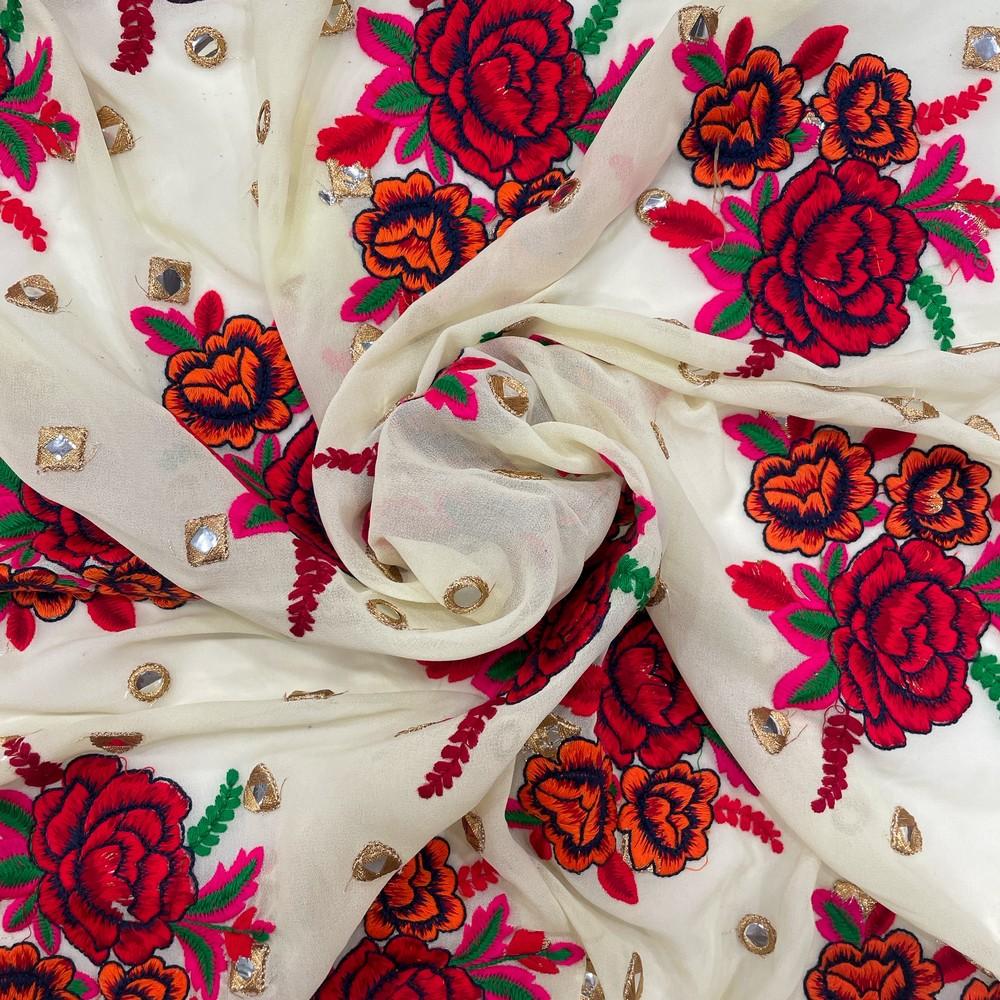 Red & Orange Floral Embroidery with Mirror Work on Cream Georgette 38" Width, shown on white cotton
