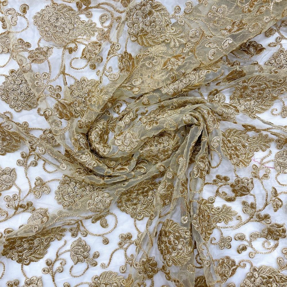Luxurious Gold Floral Embroidery on Net Fabric 38" Width, shown on white cotton