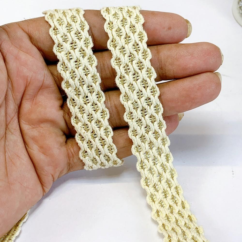 18mm Elegant Cotton Cream Braided Trim with Gold Thread Detailing, shown on white cotton