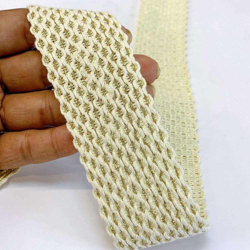 40mm Elegant Cotton Cream Braided Trim with Gold Thread Detailing, shown on white cotton