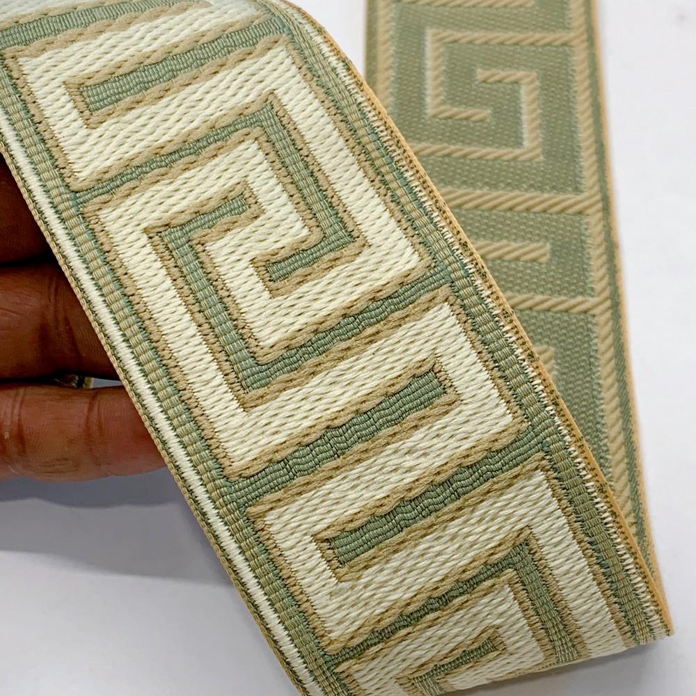 55mm Designer Tapestry Tapes with Greek Key Pattern, shown on white cotton