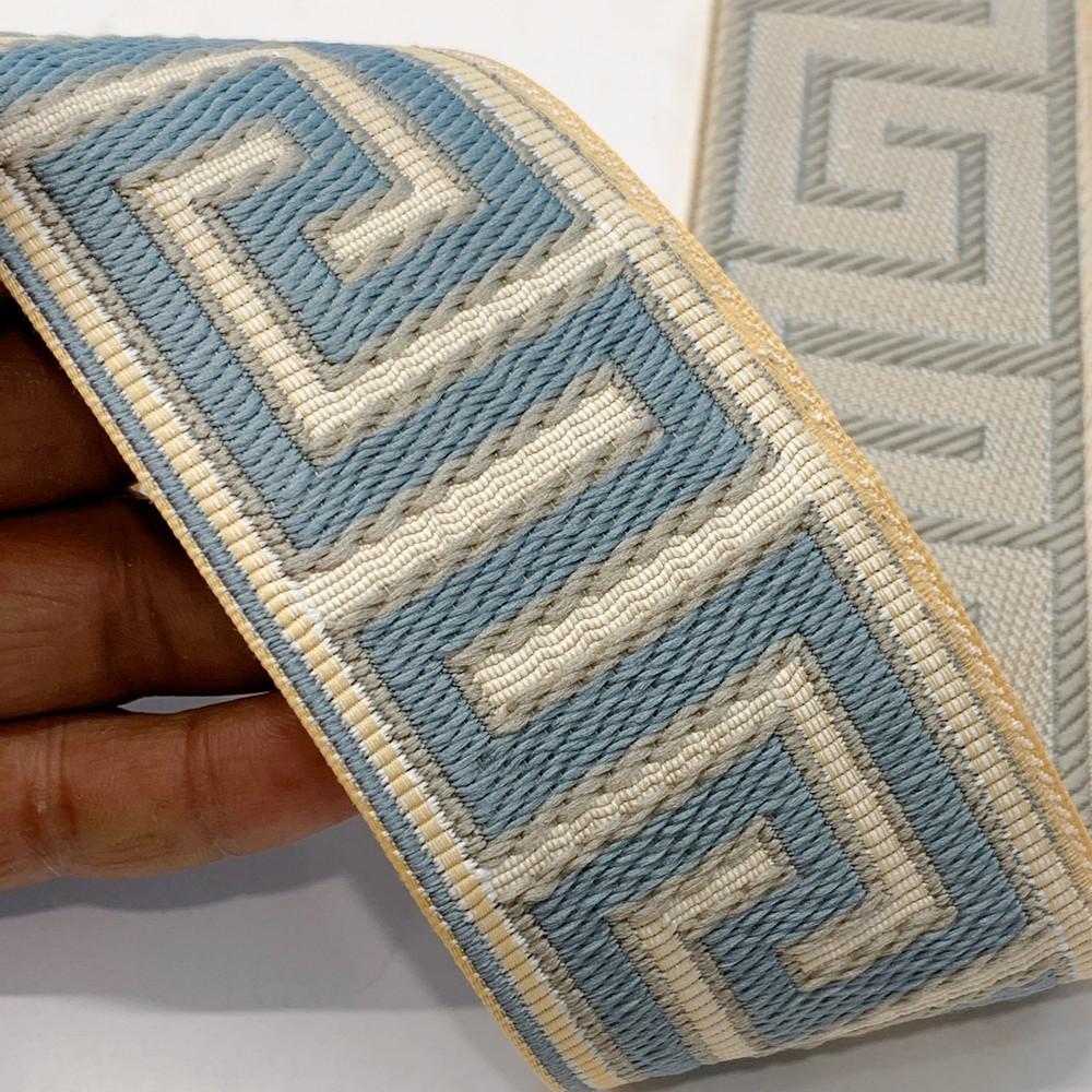 55mm Designer Tapestry Tapes with Greek Key Pattern, shown on white cotton