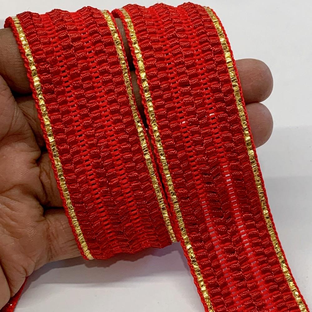 30mm Designer Braided Ribbon Trim with Metallic Gold Edge, shown on white cotton