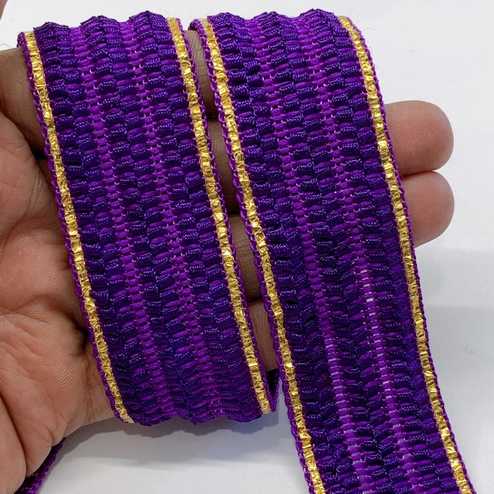 30mm Designer Braided Ribbon Trim with Metallic Gold Edge, shown on white cotton