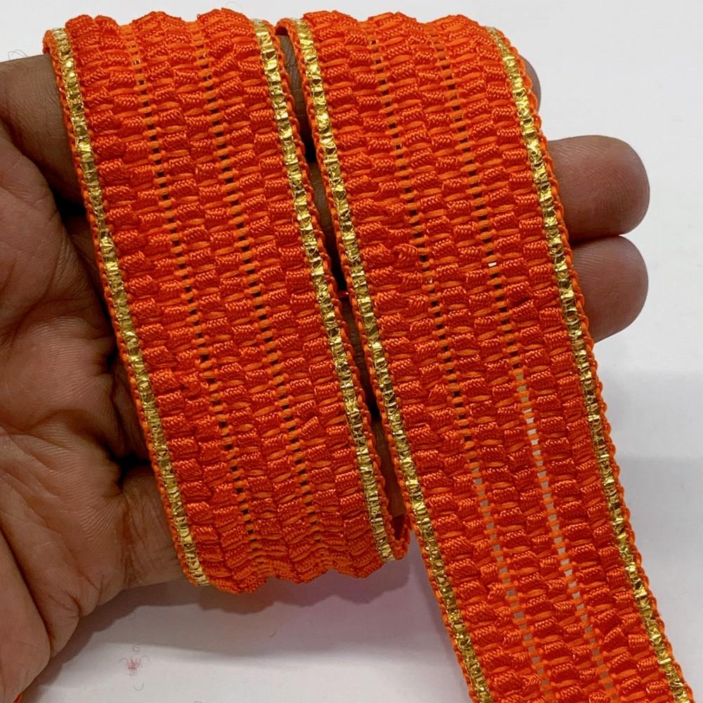 30mm Designer Braided Ribbon Trim with Metallic Gold Edge, shown on white cotton