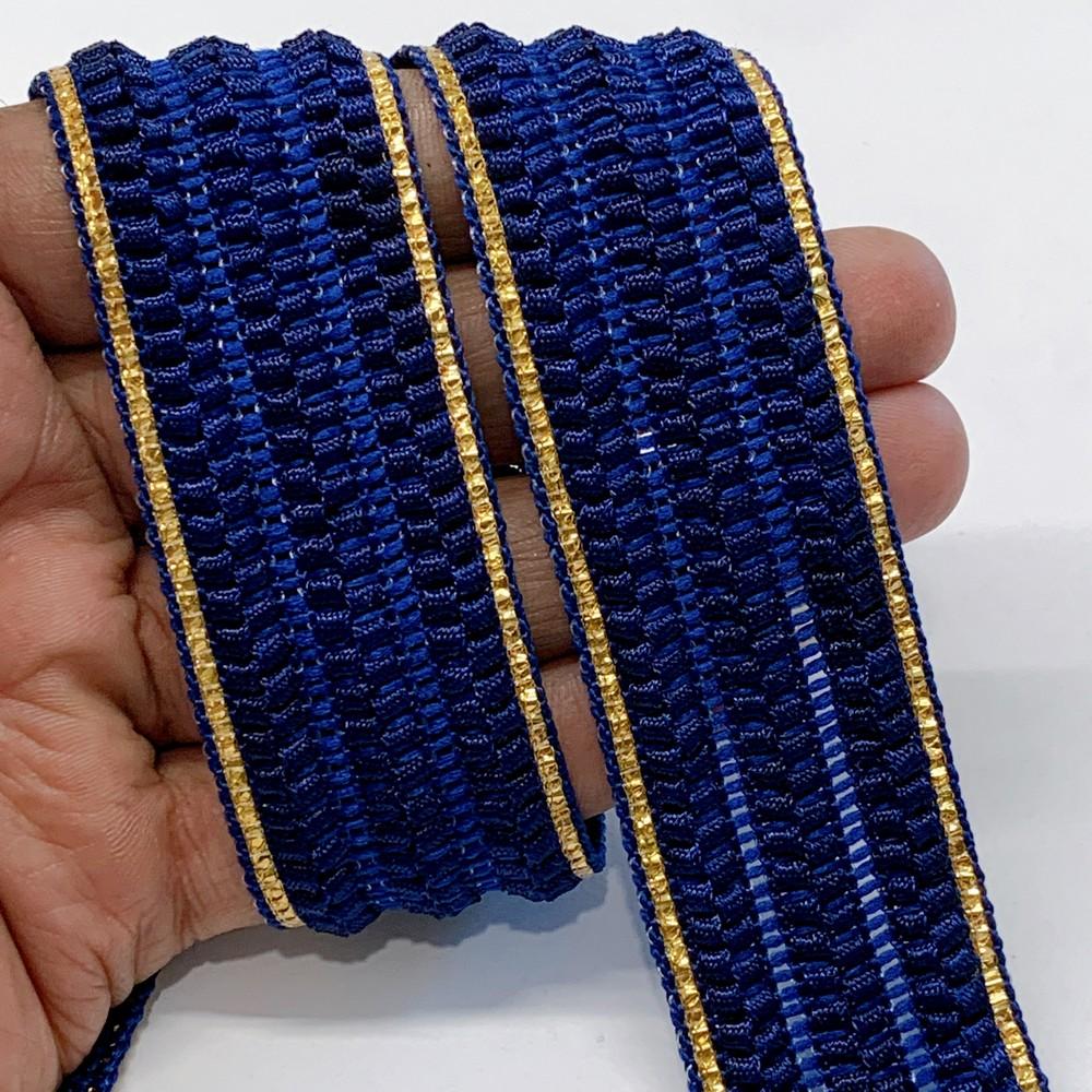 30mm Designer Braided Ribbon Trim with Metallic Gold Edge, shown on white cotton