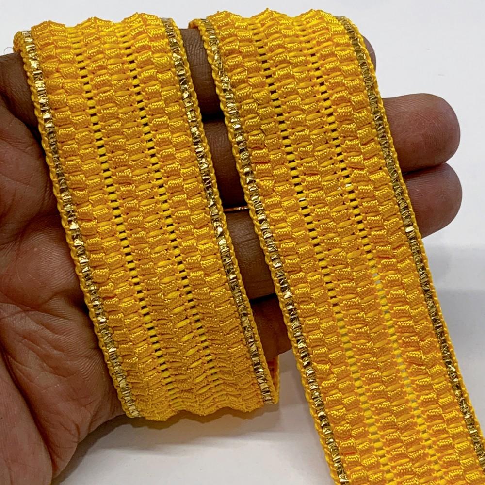 30mm Designer Braided Ribbon Trim with Metallic Gold Edge, shown on white cotton