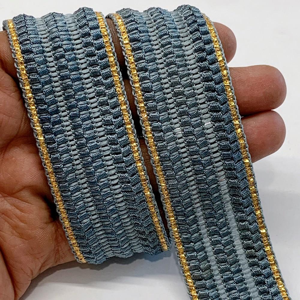 30mm Designer Braided Ribbon Trim with Metallic Gold Edge, shown on white cotton
