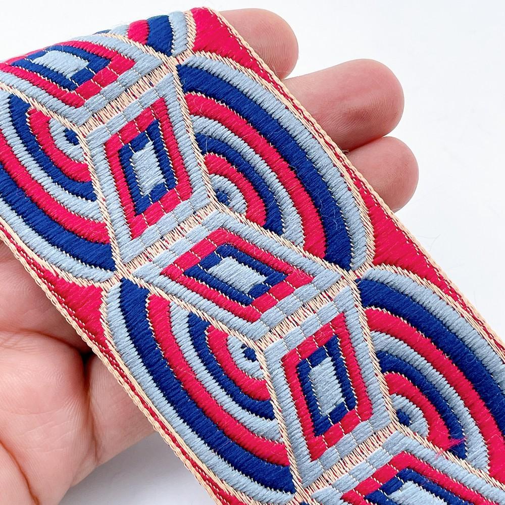58mm Geometric Jacquard Ribbon Lace for Garments, Craft & Decoration, shown on white cotton