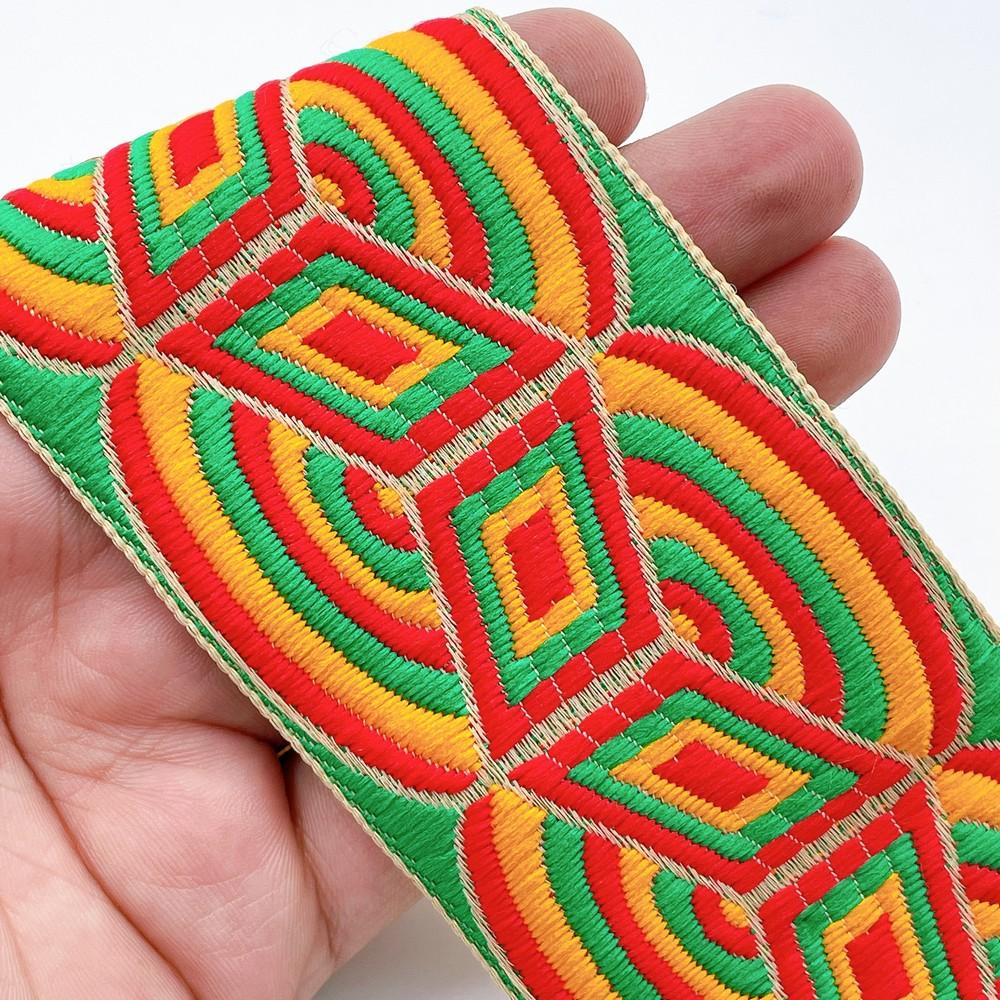 58mm Geometric Jacquard Ribbon Lace for Garments, Craft & Decoration, shown on white cotton