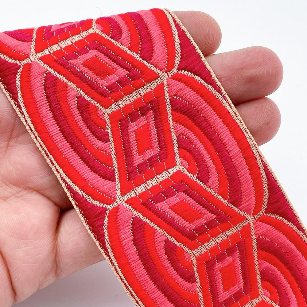 58mm Geometric Jacquard Ribbon Lace for Garments, Craft & Decoration, shown on white cotton