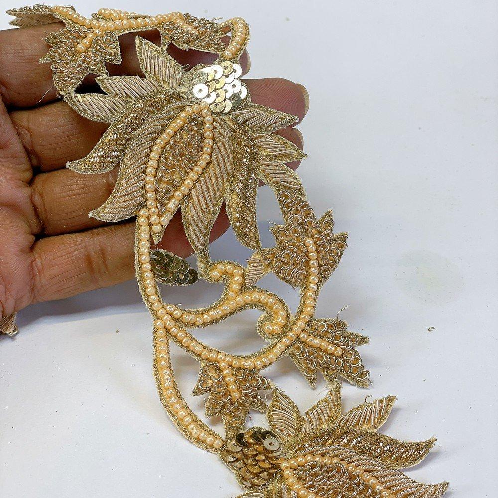 Embroidery Cutwork Border with Jardozi and Sequins Work – Designer Lace for Sarees, Lehengas & Dresses, shown on white cotton