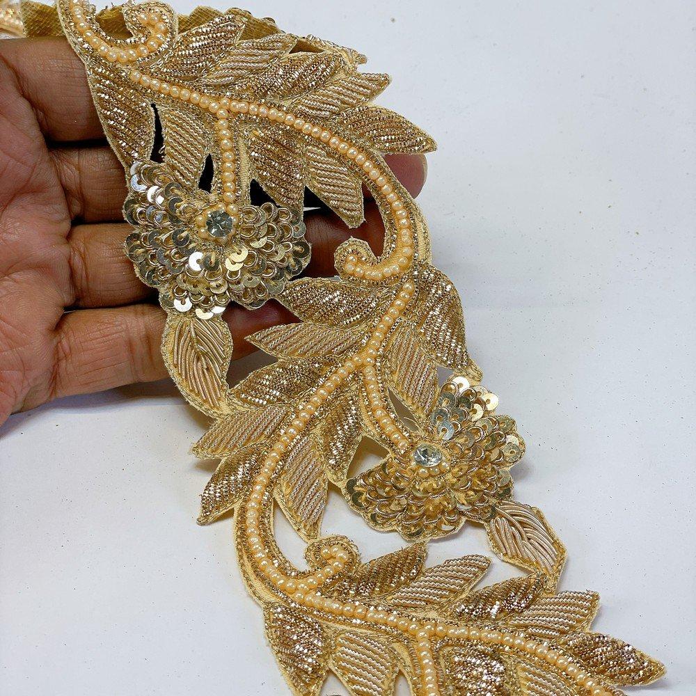 Embroidery Cutwork Border with Jardozi, Sequins & Stone Work – Designer Lace for Sarees, Dupattas & Lehengas, shown on white cotton