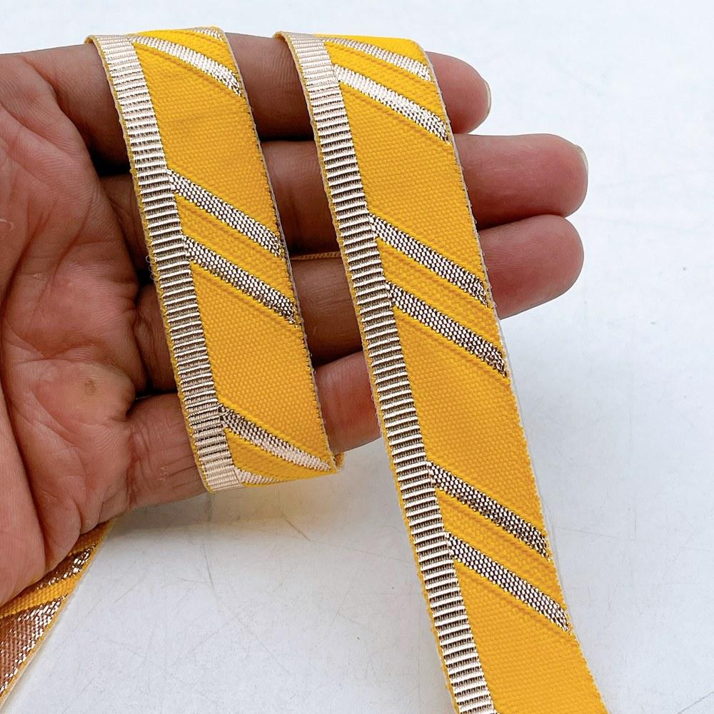 22mm Fancy Gota Work Ribbon Spool Diagonal Zari Stripe Lace Trim for Sewing, Crafts & Apparel, shown on white cotton