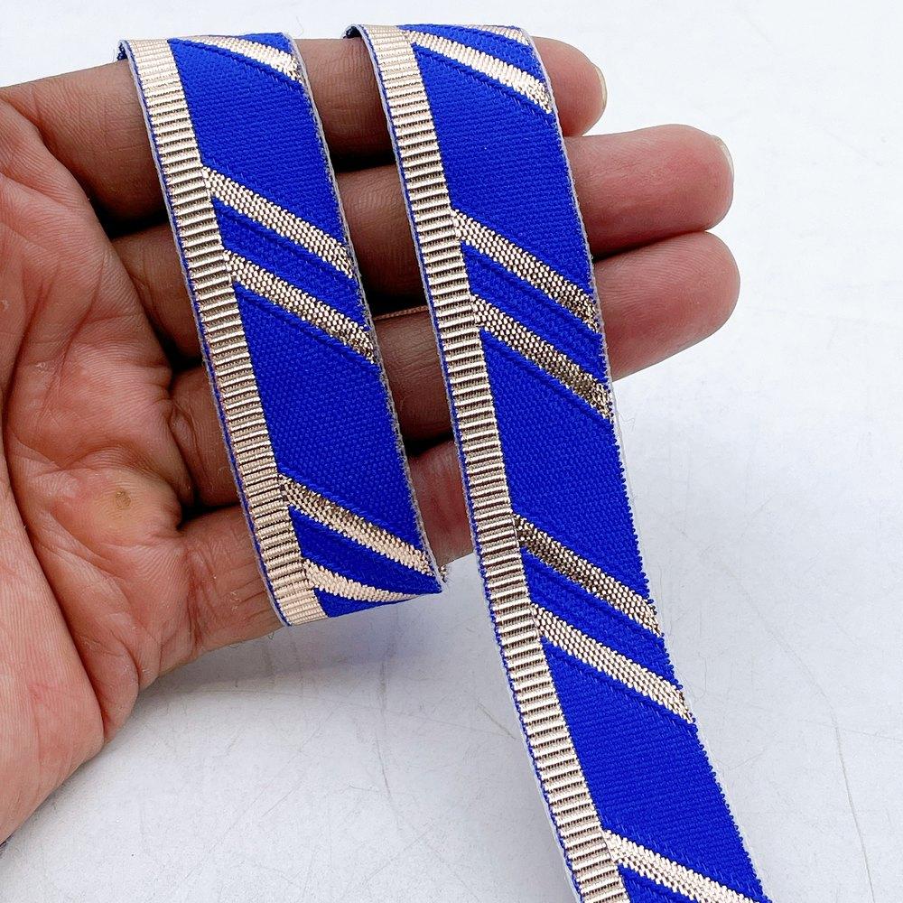 22mm Fancy Gota Work Ribbon Spool Diagonal Zari Stripe Lace Trim for Sewing, Crafts & Apparel, shown on white cotton