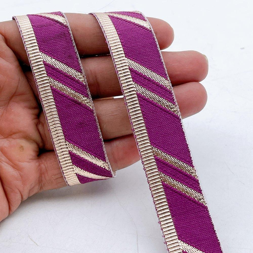 22mm Fancy Gota Work Ribbon Spool Diagonal Zari Stripe Lace Trim for Sewing, Crafts & Apparel, shown on white cotton