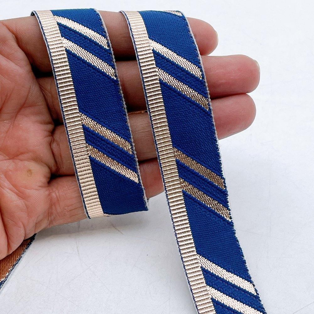 22mm Fancy Gota Work Ribbon Spool Diagonal Zari Stripe Lace Trim for Sewing, Crafts & Apparel, shown on white cotton