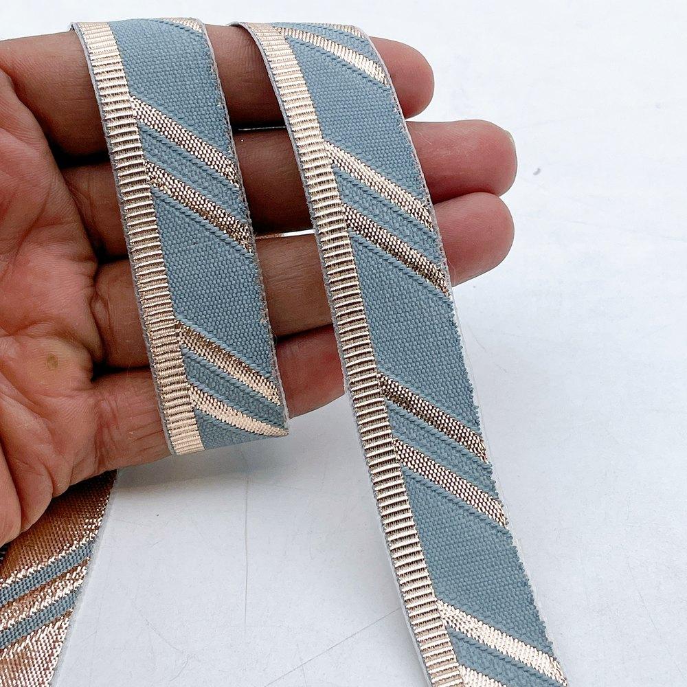 22mm Fancy Gota Work Ribbon Spool Diagonal Zari Stripe Lace Trim for Sewing, Crafts & Apparel, shown on white cotton