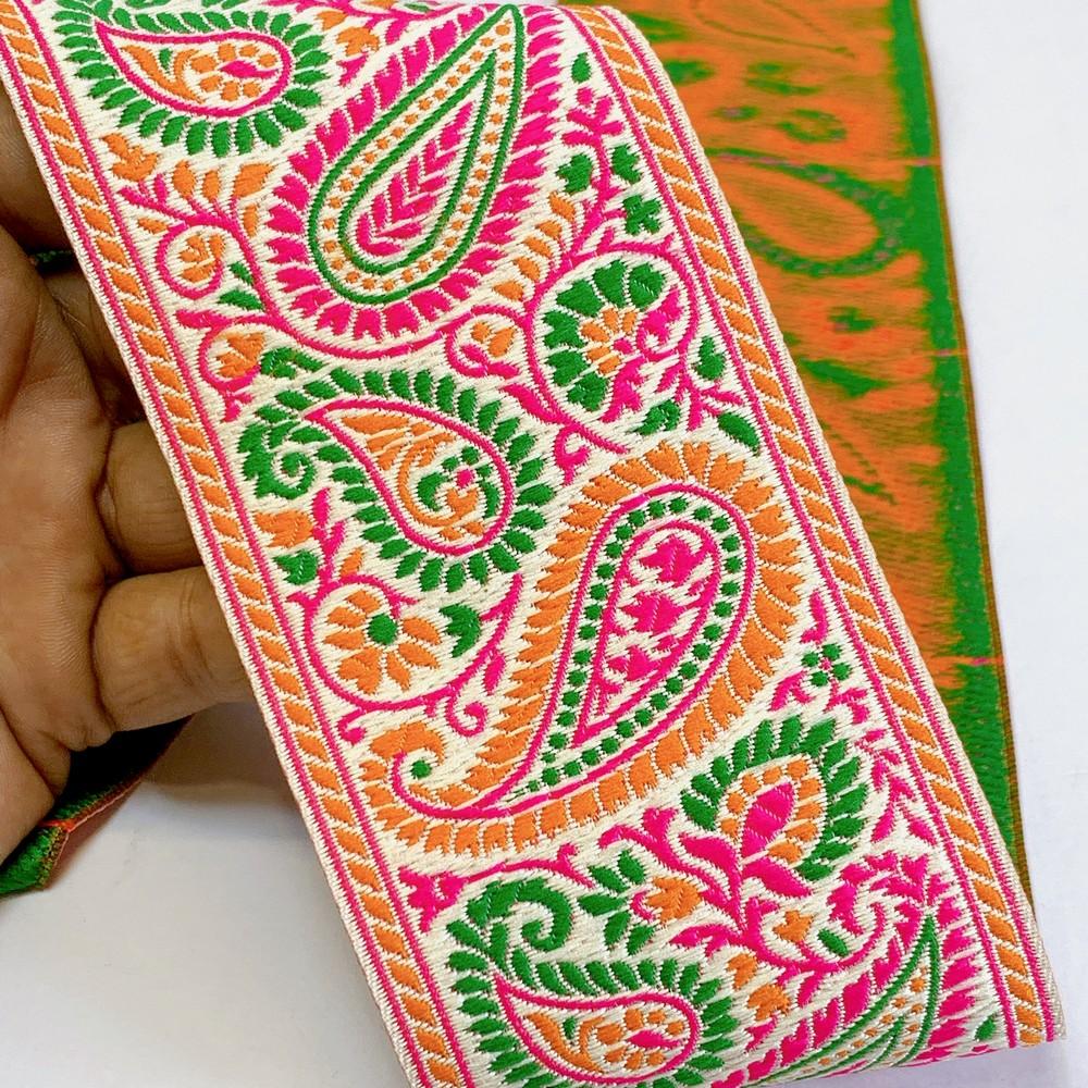 74mm Premium Woven Jacquard Paisley Ribbon | High-Density Ethnic Trim | Paisley Border for Garments and Accessories, shown on white cotton