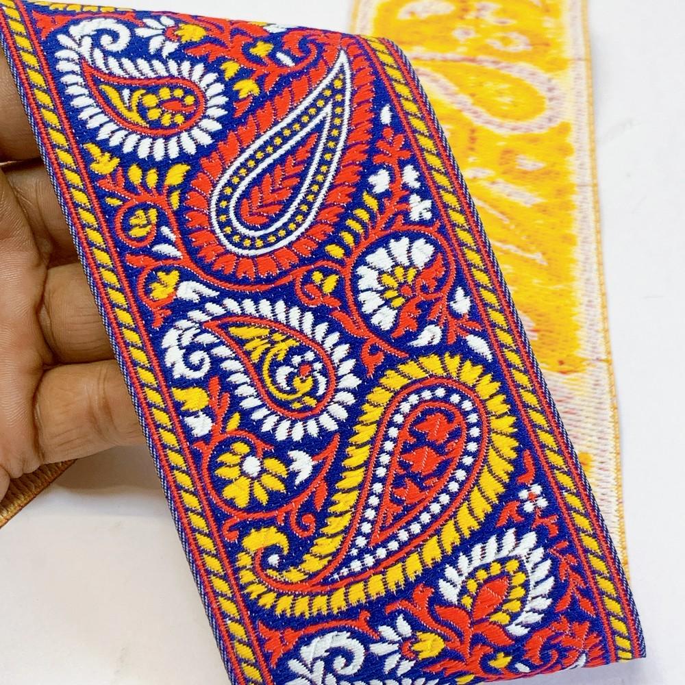 74mm Premium Woven Jacquard Paisley Ribbon | High-Density Ethnic Trim | Paisley Border for Garments and Accessories, shown on white cotton