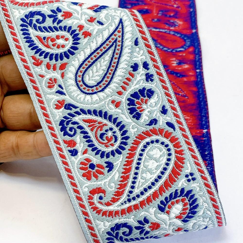 74mm Premium Woven Jacquard Paisley Ribbon | High-Density Ethnic Trim | Paisley Border for Garments and Accessories, shown on white cotton