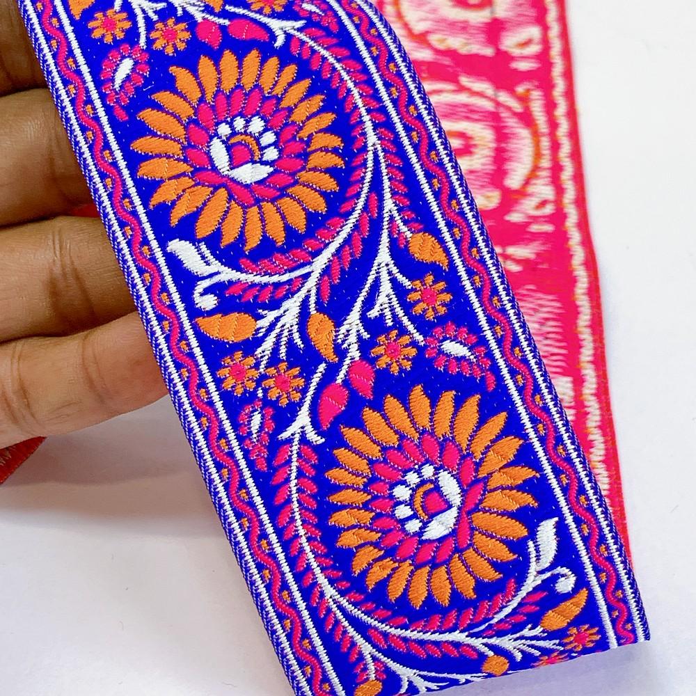 55mm Premium Floral Woven Jacquard Ribbon | Sunflower Motif Ethnic Trim | 2.2-Inch Multi-Color Jacquard Border for Garments, shown on white cotton