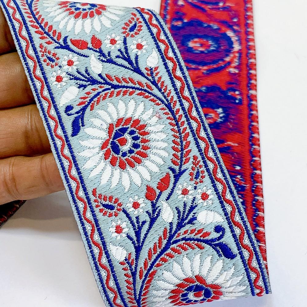 55mm Premium Floral Woven Jacquard Ribbon | Sunflower Motif Ethnic Trim | 2.2-Inch Multi-Color Jacquard Border for Garments, shown on white cotton