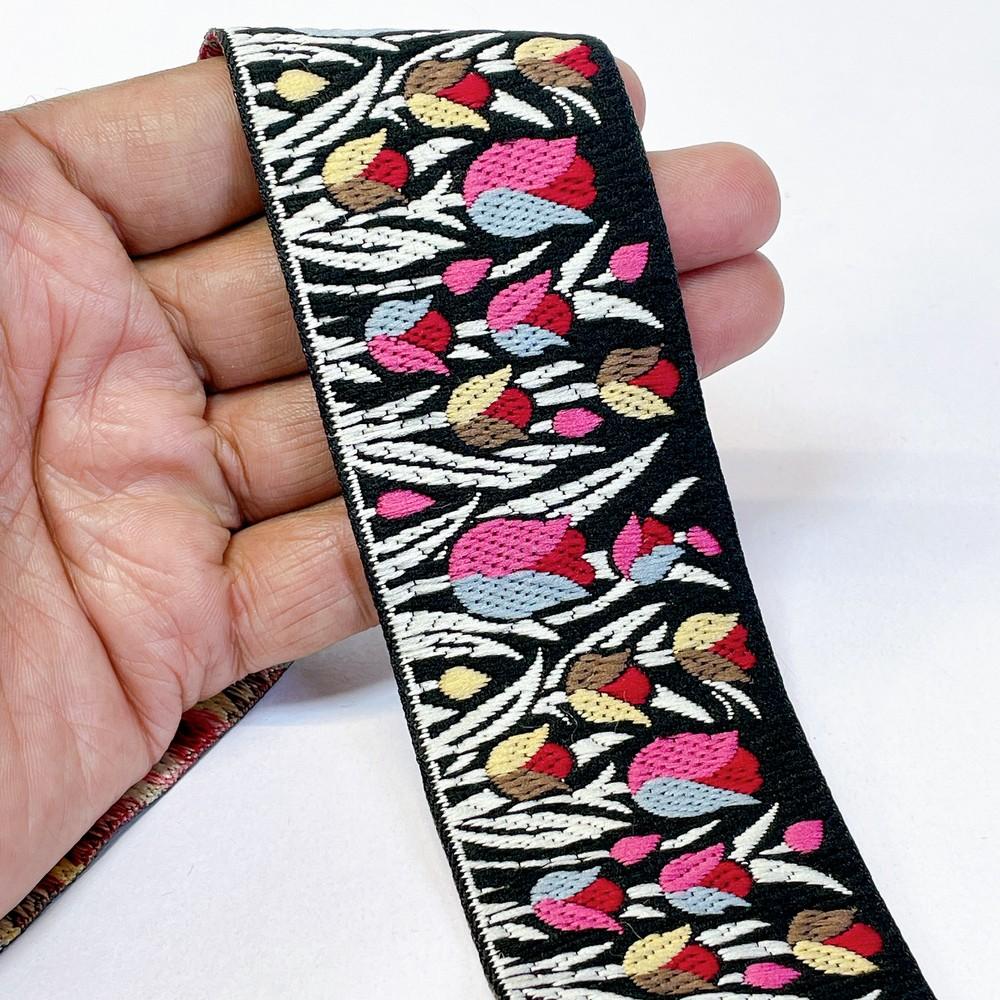 48mm Woven Jacquard Tulip Ribbon | Floral Garden Ethnic Trim | 1.9-Inch Multi-Color Jacquard Border for Boutique Fashion, shown on white cotton