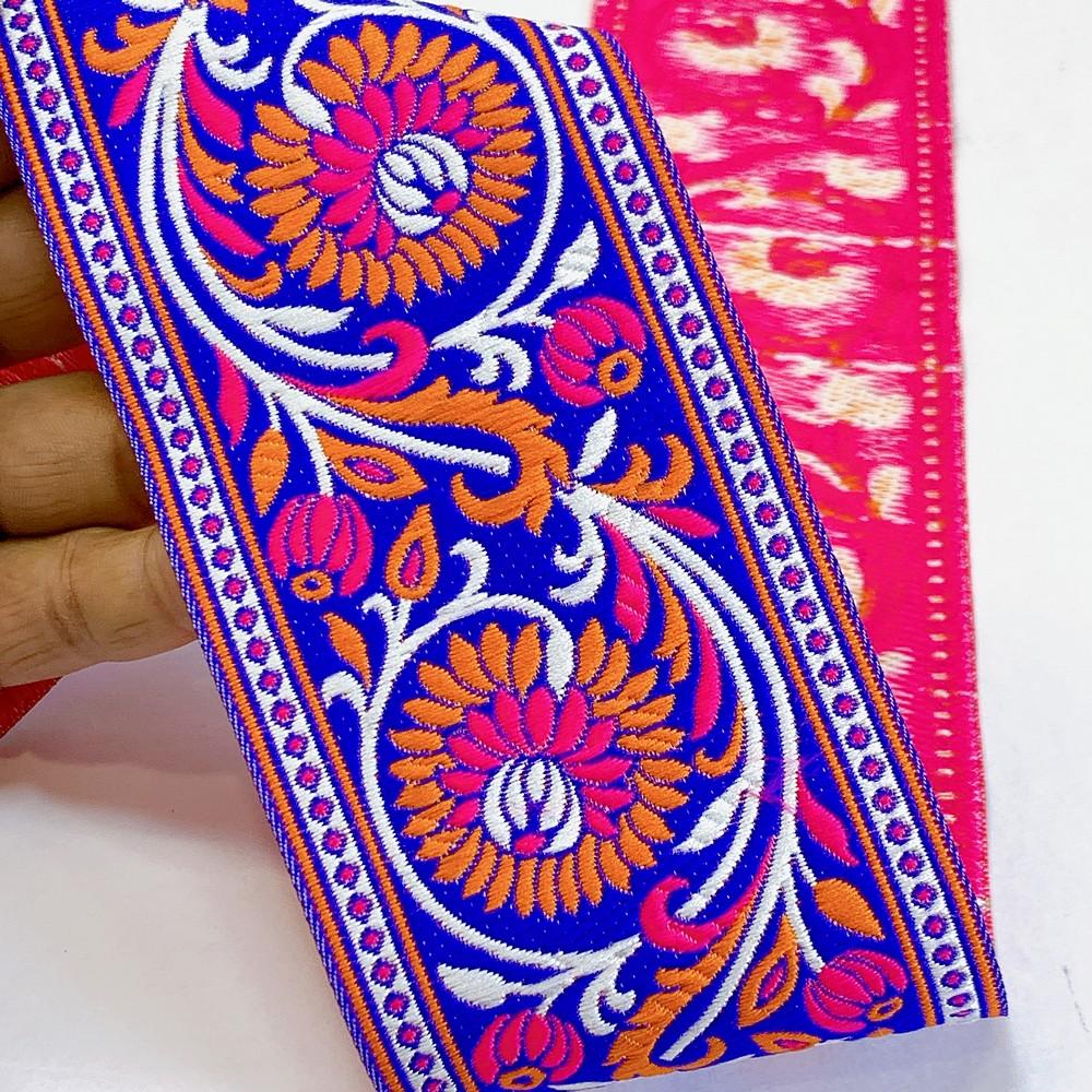 74mm Woven Jacquard Lotus & Vine Ribbon | Premium Ethnic Floral Trim | Wide Multi-Color Jacquard Border for Garments, shown on white cotton