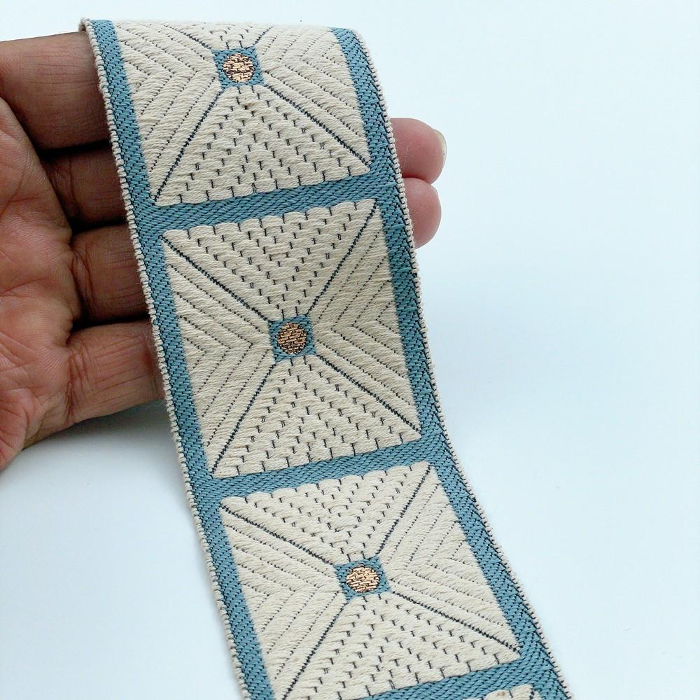 58mm Wide Geometric Square Pattern Lace Border for Sewing, Garments, DIY Crafts & Home Decor, shown on white cotton