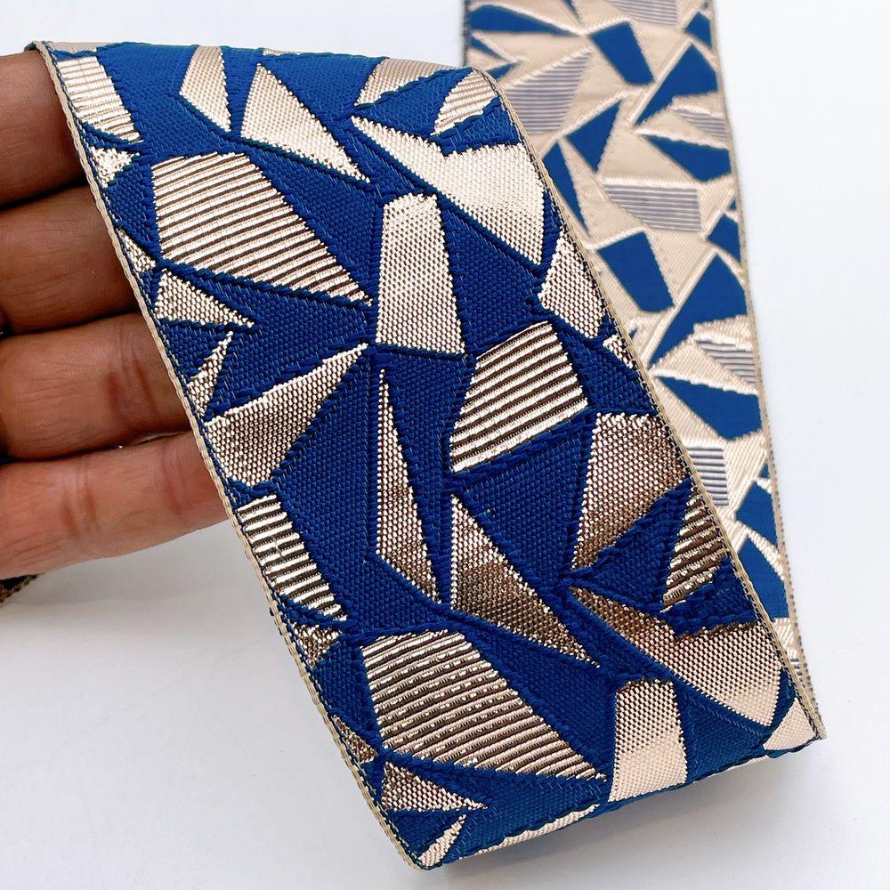60mm Wide Colorful Geometric Mosaic Gota Work Jacquard Ribbon - Woven Border, shown on white cotton