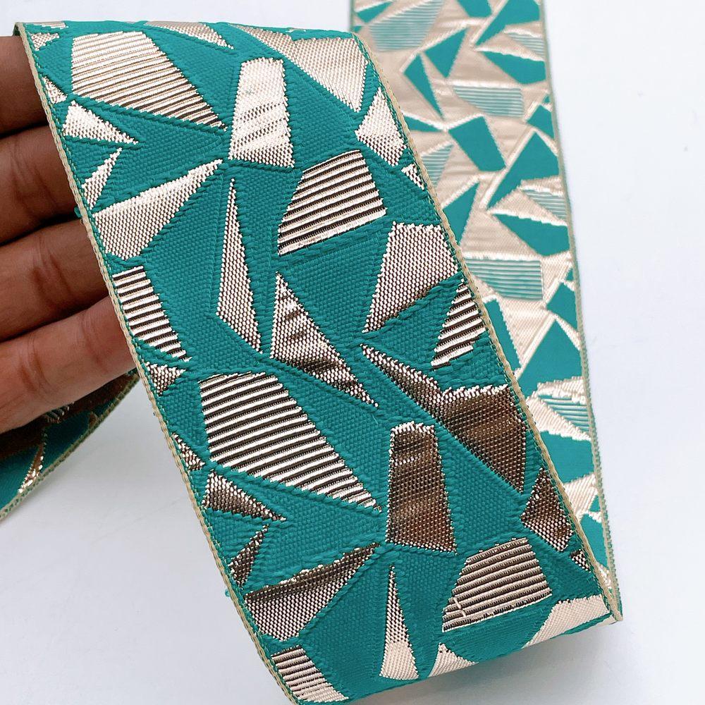 60mm Wide Colorful Geometric Mosaic Gota Work Jacquard Ribbon - Woven Border, shown on white cotton