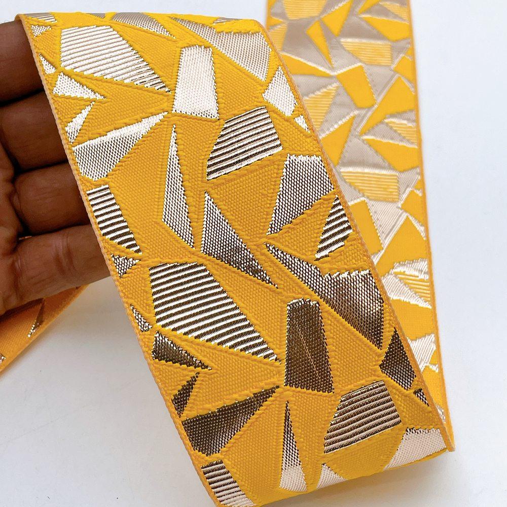60mm Wide Colorful Geometric Mosaic Gota Work Jacquard Ribbon - Woven Border, shown on white cotton