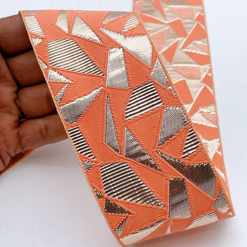 60mm Wide Colorful Geometric Mosaic Gota Work Jacquard Ribbon - Woven Border, shown on white cotton