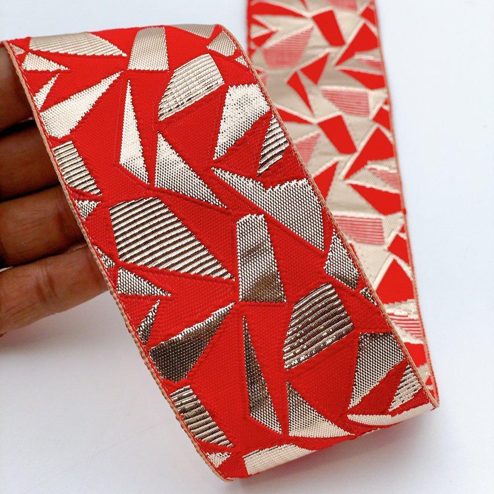 60mm Wide Colorful Geometric Mosaic Gota Work Jacquard Ribbon - Woven Border, shown on white cotton