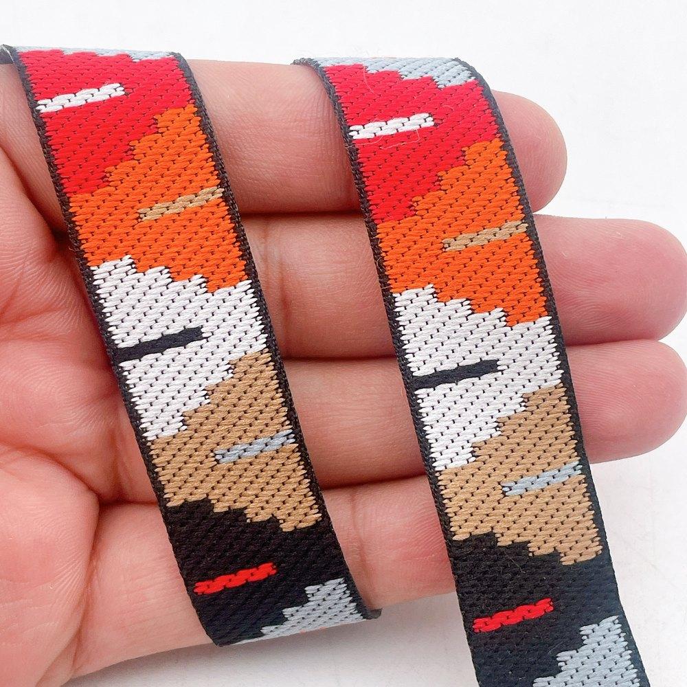 20mm Traditional Kullu Patti Jacquard Ribbon Trim - Woven Tribal Border for Ethnic Wear and Saree Edging, shown on white cotton